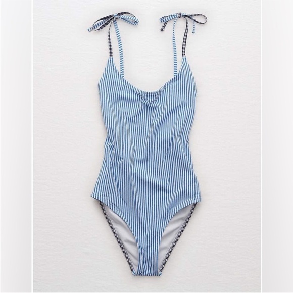 Aerie Seersucker & Gingham Blue White Navy Tie Straps One Piece Swimsuit - Picture 1 of 7